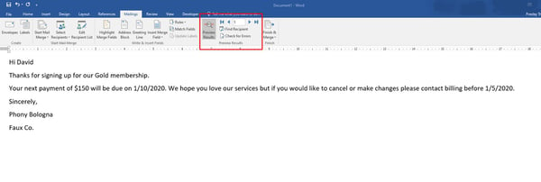 Preview mail merge