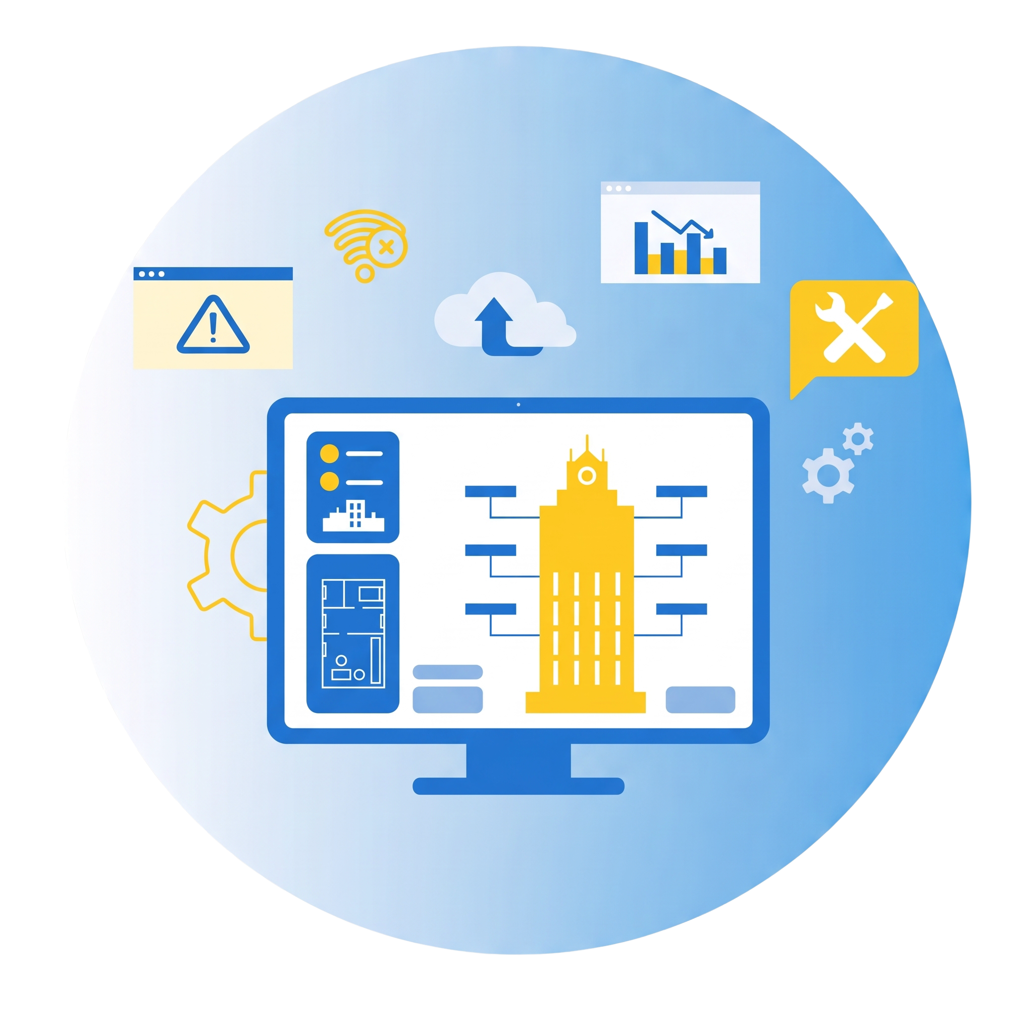 Illustration showing two professionals working near a secured monitor, protected by a shield and lock icon, with icons for cloud security, IT support, and verified protection. It represents the security and reliability Endsight brings to architecture firms.