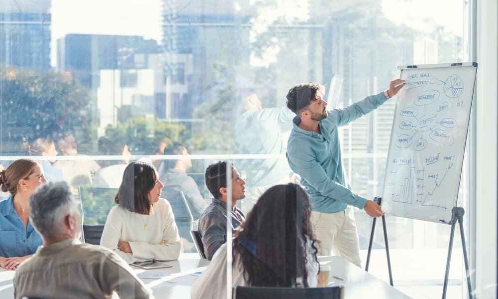 Business people watching a presentation on a whiteboard 