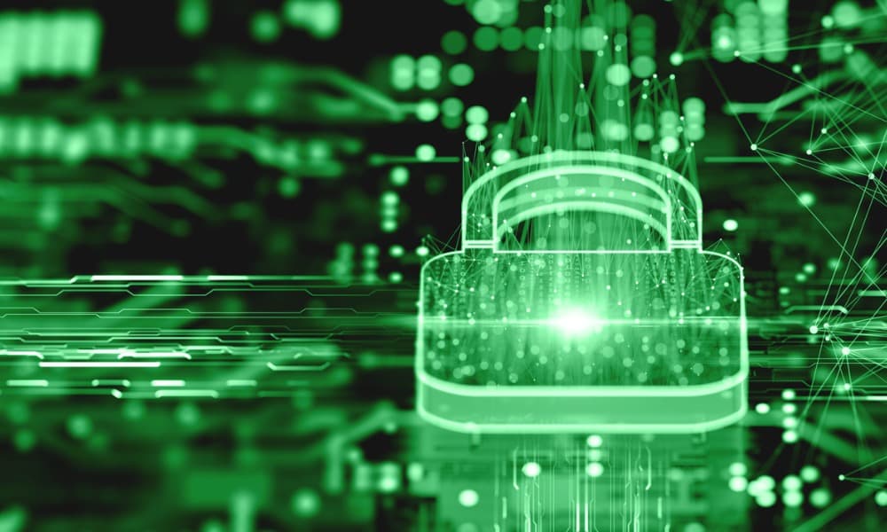 Abstract image in green shows a lock illustrating cybersecurity.