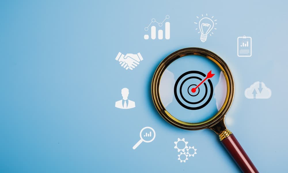Magnifier glass focus to target dartboard, Business development strategy, and action plan concept