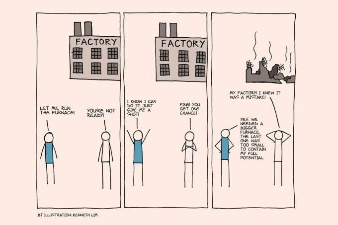 dunning kruger effect over confidence factory burned down stick figures