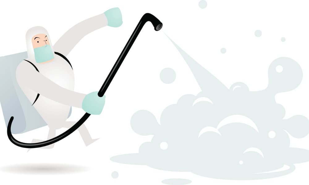 The image displays a cartoon person in a white hazmat suit, mask, and gloves running and spraying foaming solution over objects to represent how to establish basic cyber hygiene using an MSP. 