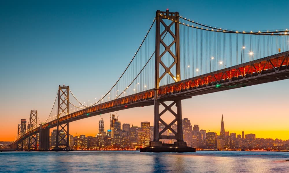 San Francisco skyline with Oakland Bay Bridge at sunset, California, USA